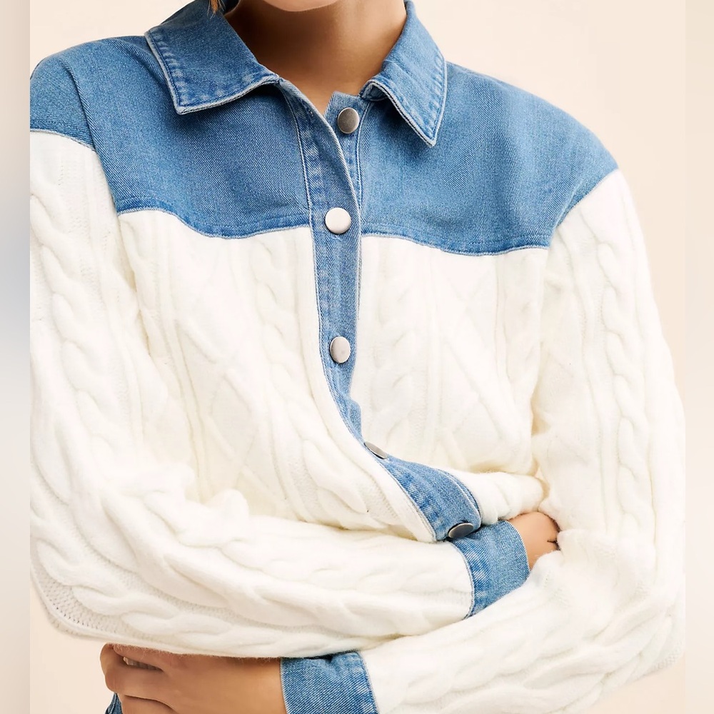 Anthropologie Dolan Denim and Cream Cable Mix Cardigan Sweater Jacket, Medium